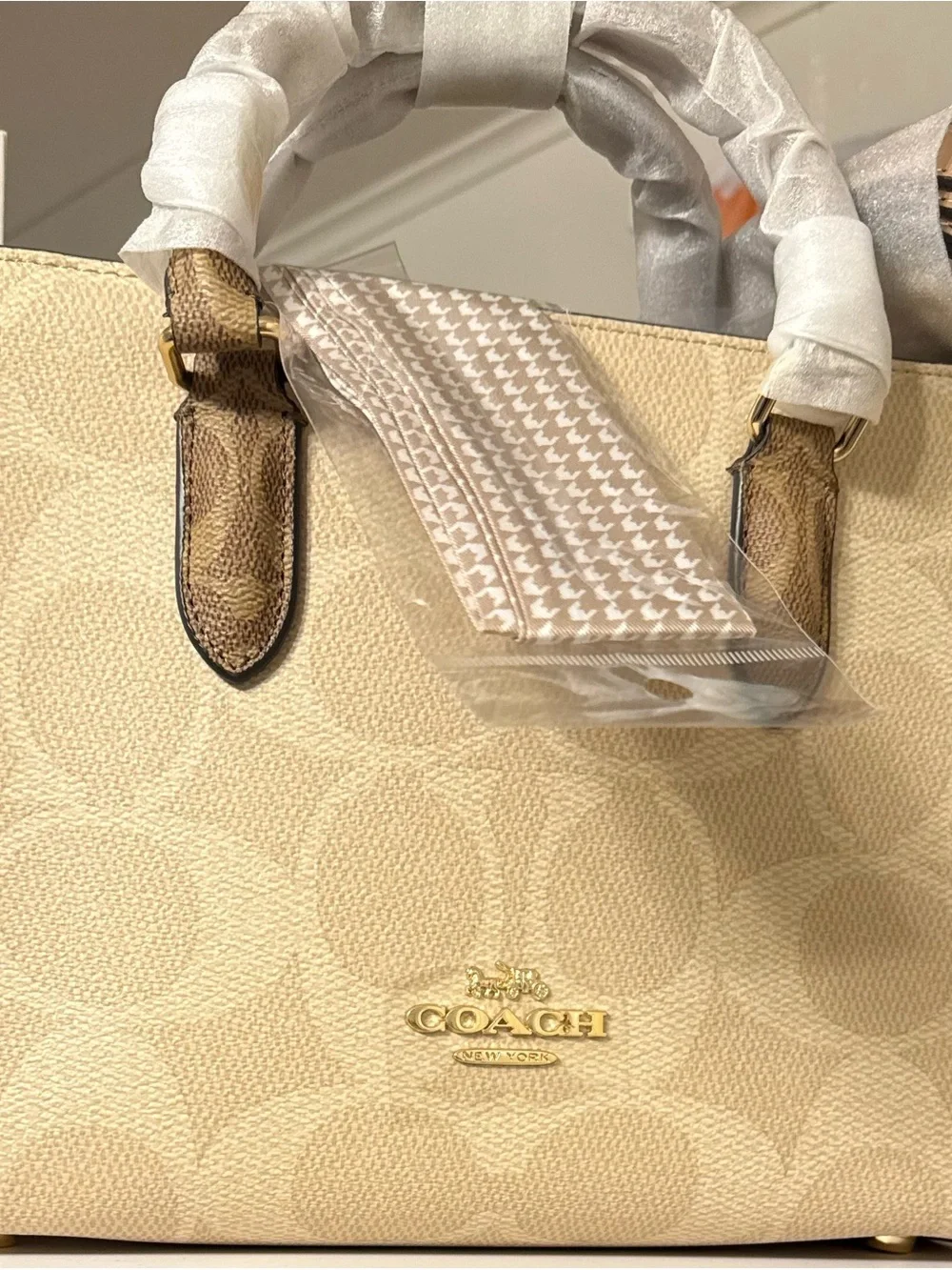 Coach Signature Canvas Small Tote in Cream and Brown Trim